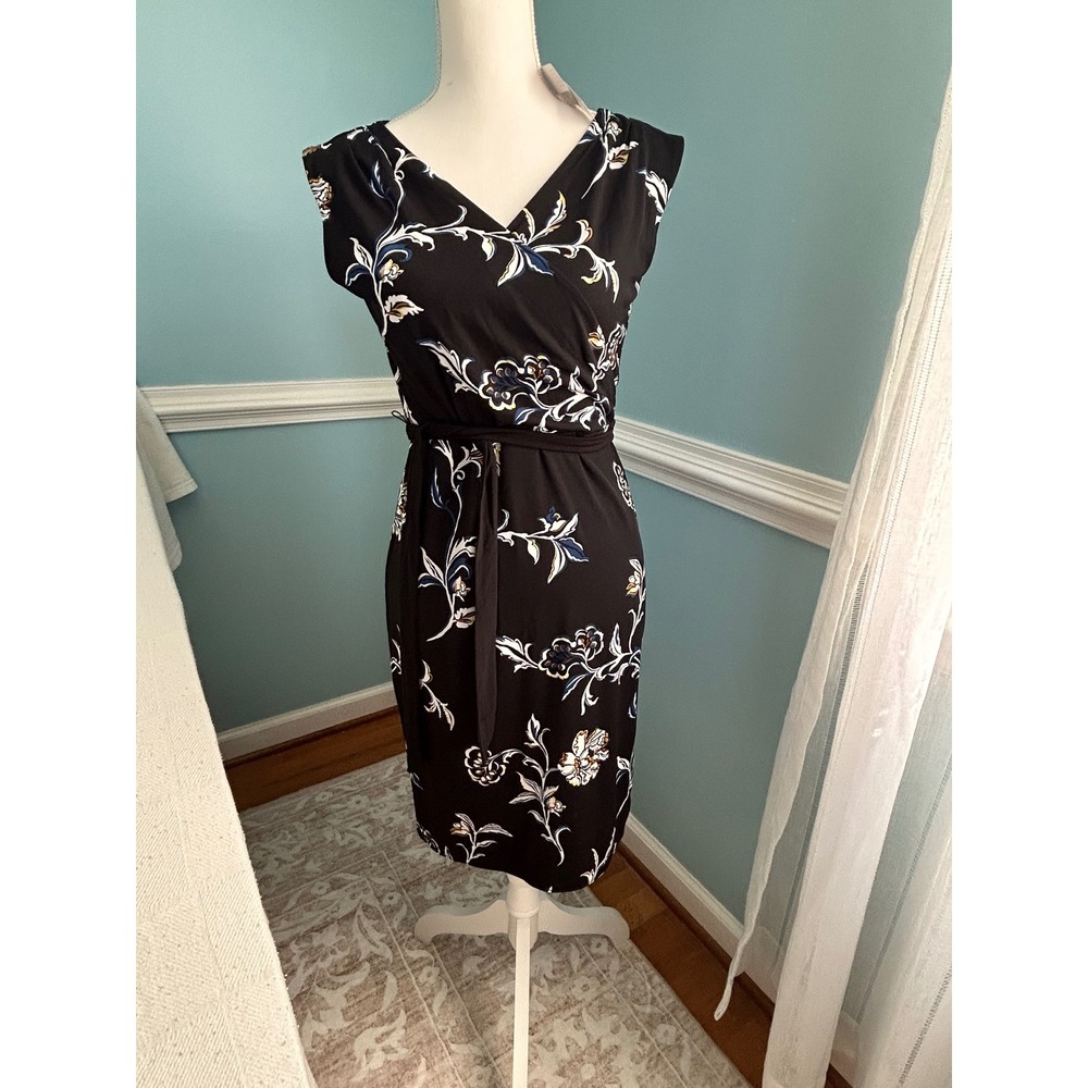 White House Black Market Reversible Floral Faux Wrap Dress Black Saffron 4
